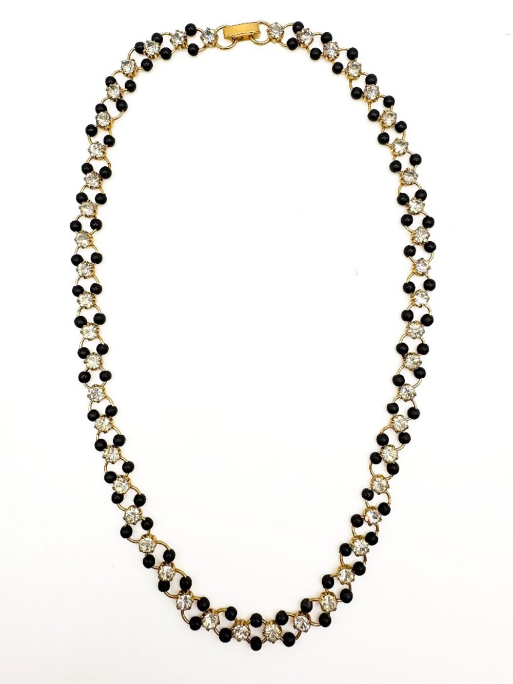 Vintage 1980s Black Bead and Rhinestone Choker Necklace